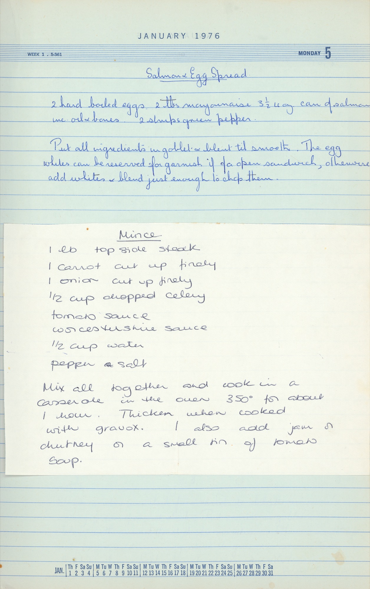 Bronwen's handwritten Mince recipe, 1976